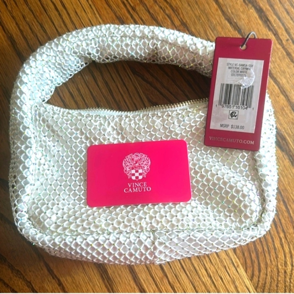 Vince Camuto White Satin Crystal Mesh Top Handle Bag – NWT